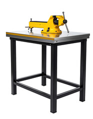 Fototapeta premium Industrial worktable with yellow vise. A sturdy metal worktable supports a bright yellow, adjustable vise. Metal parts are polished. Simple design