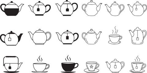 Minimalist tea icons collection, teapot and cup, vector B&W.
