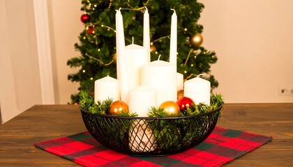 Christmas candles in a decorative basket