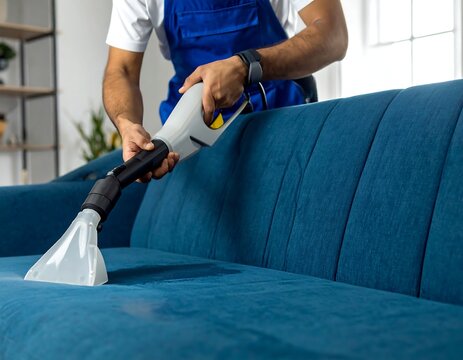 Person cleaning a blue sofa