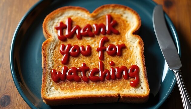 Expressive food art features toast with THANK FOR WATCHING written in ketchup. Served on plate with knife, culinary creation evokes gratitude. Perfect for expressing thanks after presentations,