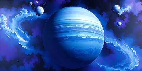 A majestic, striped gas planet with swirling blue rings and small moons, set against a star-filled nebula.