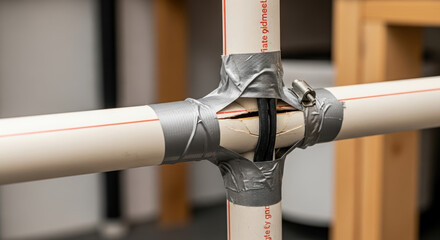 DIY pipe joint secured with duct tape and clamp. Simple pipe connection using readily available materials.  This ingenious pipe joint solution is perfect for crafting projects and home repairs.