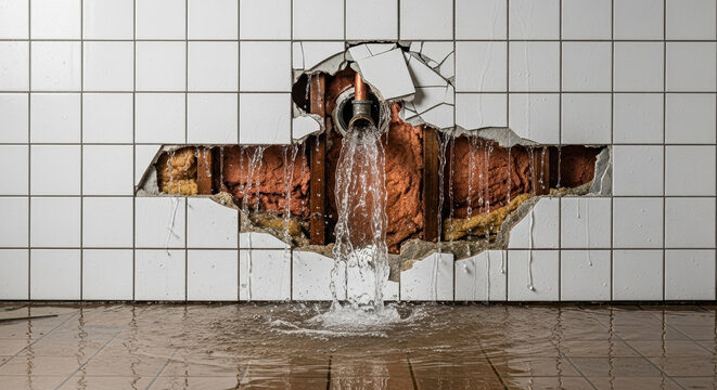 Broken pipe in bathroom wall leaking water. Damaged pipe causing water damage to wall and floor tiles. Water leak repair concept for plumbers and home maintenance.