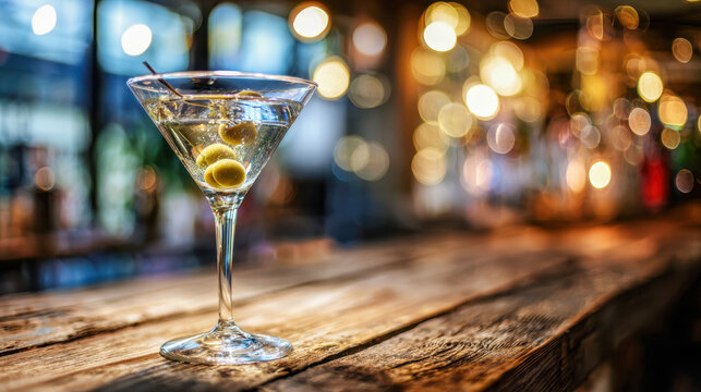 Elegant martini glass with green olives garnished in a cozy bar setting featuring warm bokeh lighting and rustic wooden counter for a sophisticated ambiance