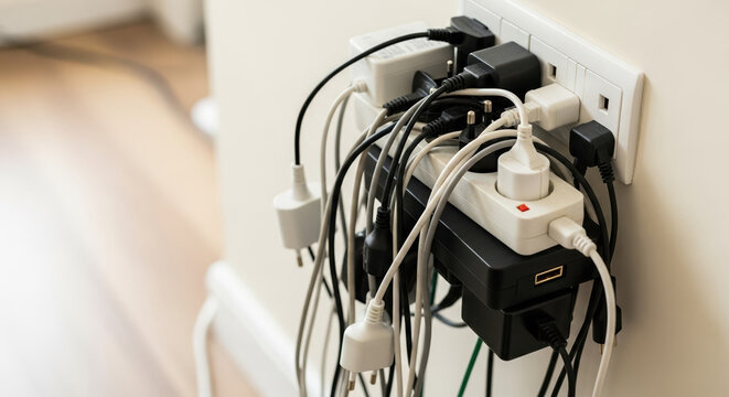 Overloaded power strip with tangled cables and numerous plugs. Power strip is overflowing with chargers and adapters.  Multiple devices plugged into power strip create chaotic scene.
