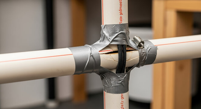 DIY pipe joint secured with duct tape and clamp. Simple pipe connection using readily available materials.  This ingenious pipe joint solution is perfect for crafting projects and home repairs.