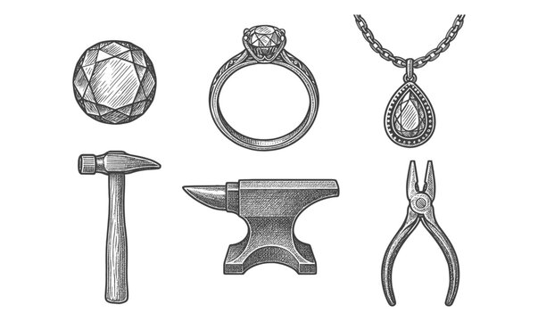 Intricate jewelry making tools and gemstone engraving in vintage style