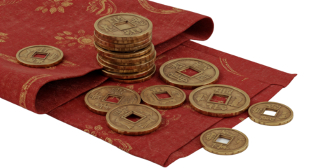 Chinese coins arranged on red fabric with floral pattern, traditional style, decorative and cultural, copy space