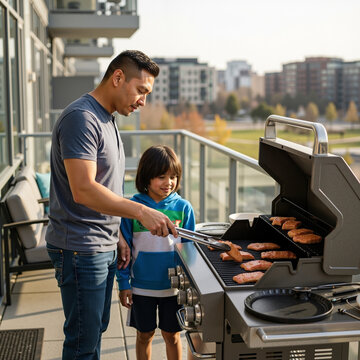 A Native American father and his young son grilling salmon on a modern balcony of their urban apartment