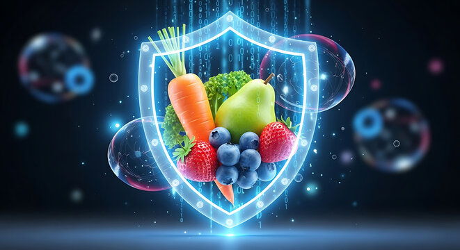 Healthy food shield protecting against digital threats and viruses - Powered by Adobe