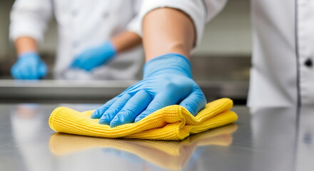 Chef wearing blue gloves cleaning a stainless steel kitchen counter with a yellow cloth