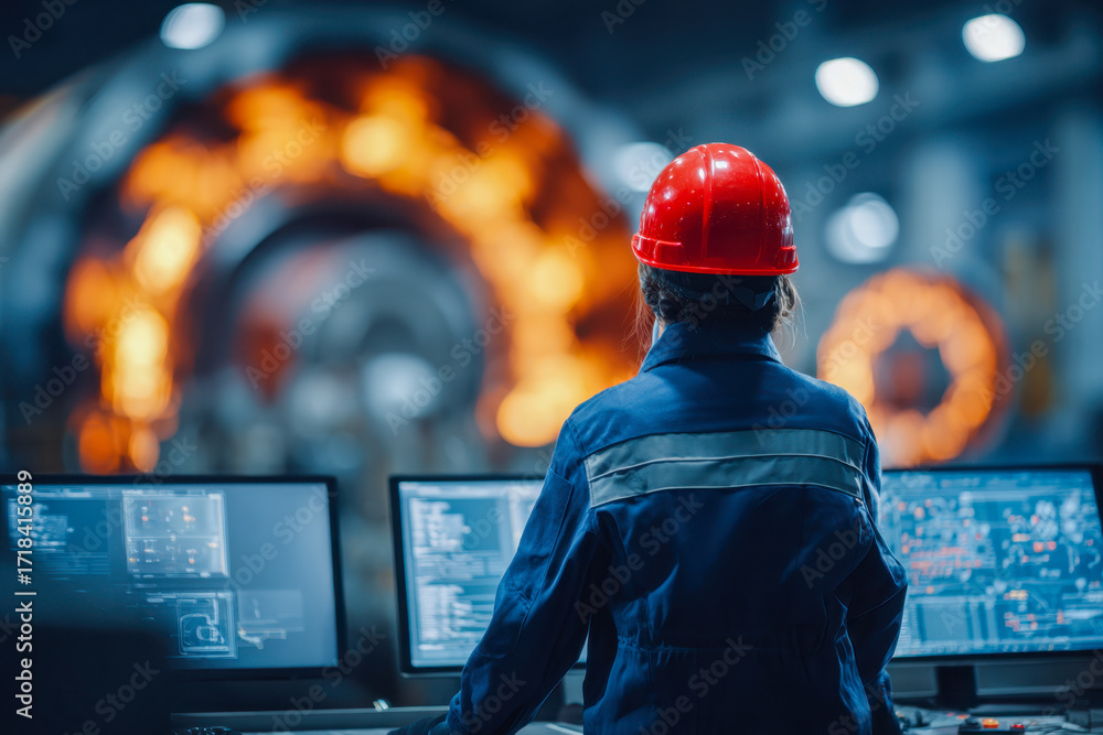 Poster industrial engineer in protective gear monitoring advanced control systems in a high-tech facility w