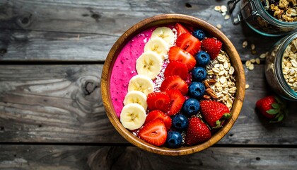 Colorful breakfast bowl with fruit and granola