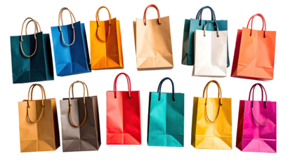 Colorful shopping bags arranged in rows
