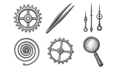 Vintage clockwork elements: gears, hands, and tools in engraved style