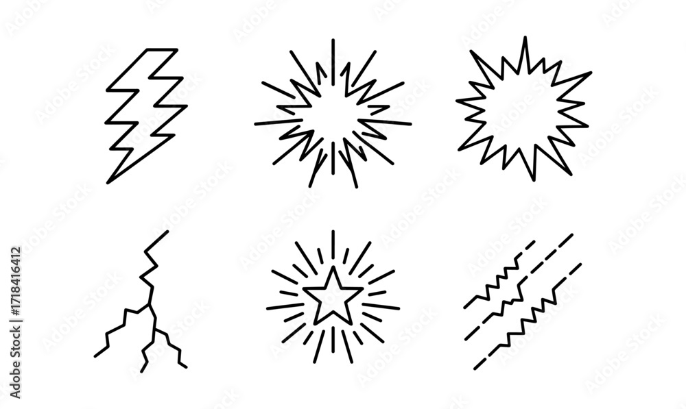 Poster linear abstract lightning and starburst shapes set for modern design