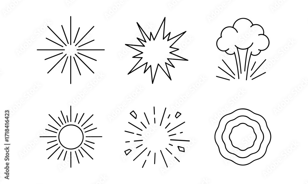 Poster explosion icon set with linear style sparks and bursts