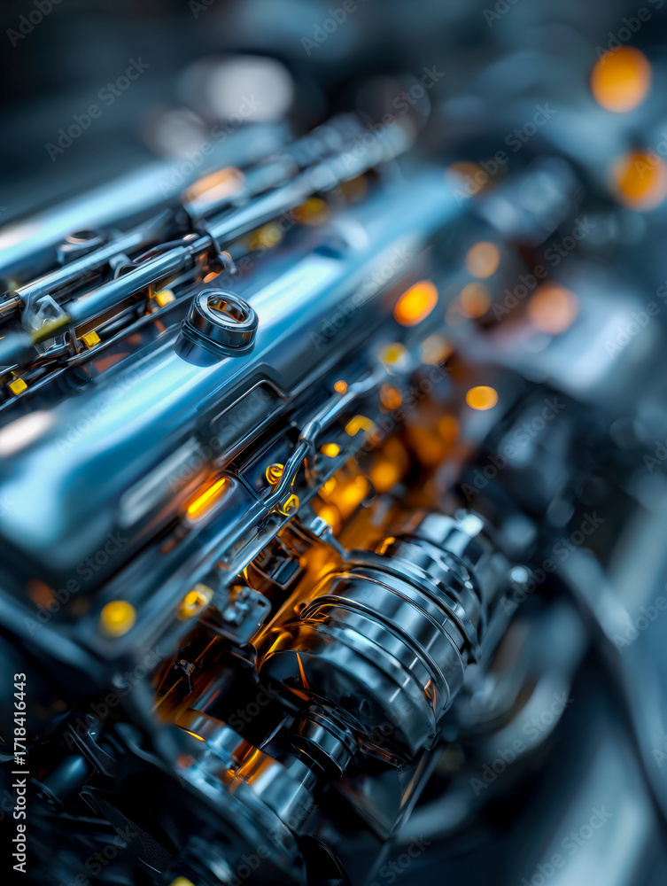Poster close-up of a modern car engine with illuminated components and intricate mechanical details