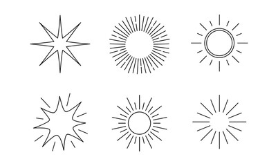 Minimalist black and white sunburst icons collection in linear style