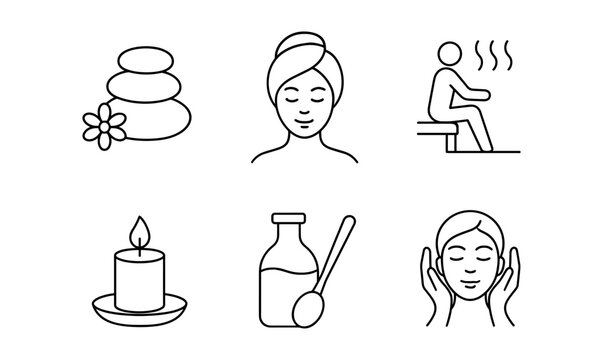 Minimalist spa and wellness icons including facial care, relaxation, and aromatherapy