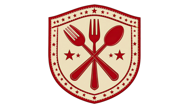 Vintage shield emblem with crossed cutlery and stars - Powered by Adobe