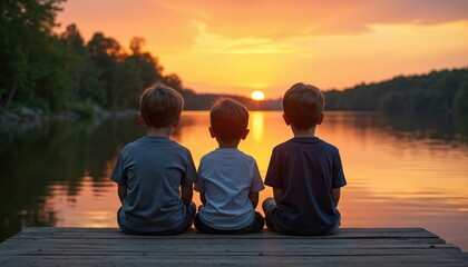 Three boys sit on wooden dock watching vibrant sunset over calm lake. Backs to camera, facing water reflection of orange sky, distant treeline. Scene evokes feelings of friendship, childhood