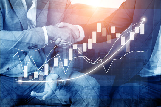 Two business professionals engage in a handshake while financial charts and graphs overlay the scene, symbolizing collaboration and growth in the modern market. Impute - Powered by Adobe