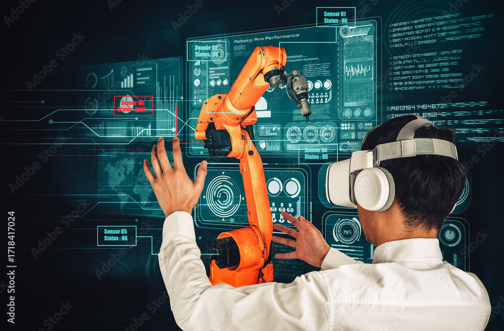 Poster engineer controls robotic arms by augmented reality industry technology application software. smart 