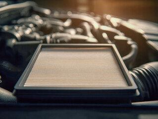 Close-up of a car engine compartment with a focus on the air filter, highlighting the importance of proper vehicle maintenance and air intake system optimization