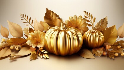 Autumn Golden Pumpkin And Leaves Arrangement For Seasonal Decor