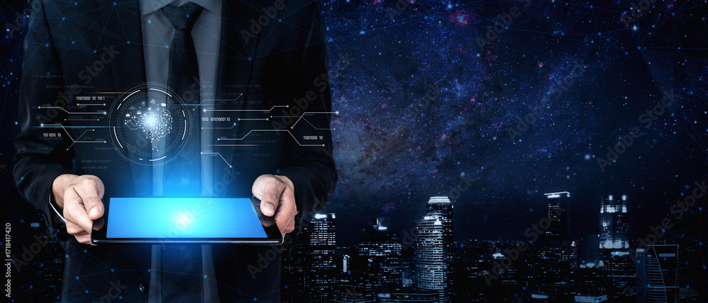 Poster ai artificial intelligence with digital brain and connected data circuit. ai core processes data, ai