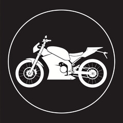 Fototapeta premium Minimalist graphic icon of a modern sport motorcycle, side profile silhouette inside a circular frame. Vector illustration for transportation and motorcycling concepts
