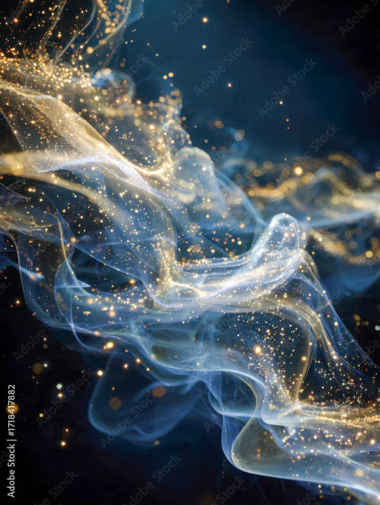 Aufkleber abstract glowing golden dust particles flowing with translucent smoke waves against a dark backgroun