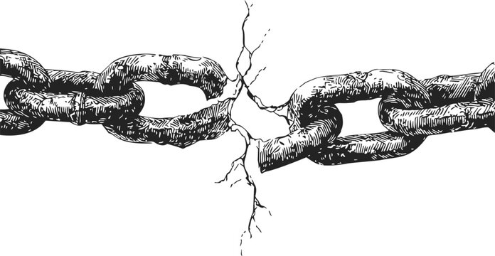Broken chain sketch, hand drawn vector, cracked metal link breaking apart, isolated on white background — stock vector