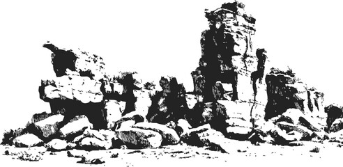 Rock formation sketch, hand drawn rugged outcrop with boulders and cliff details &mdash; stock vector