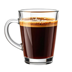Glass espresso cup filled with dark coffee.  Aromatic, rich, and dark coffee in a clear glass cup with a handle.  Creamy top layer