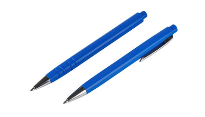 Two blue pens, slightly different shapes,  angled,  on a dark background