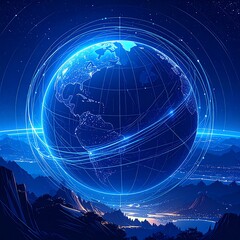 Futuristic Earth hovering over a mountain range