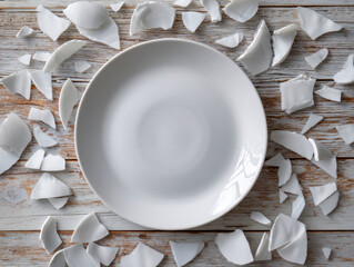 Top view of a whole white ceramic plate surrounded by broken pieces scattered on rustic wooden surface symbolizing contrast between intact and shattered objects in minimalistic set