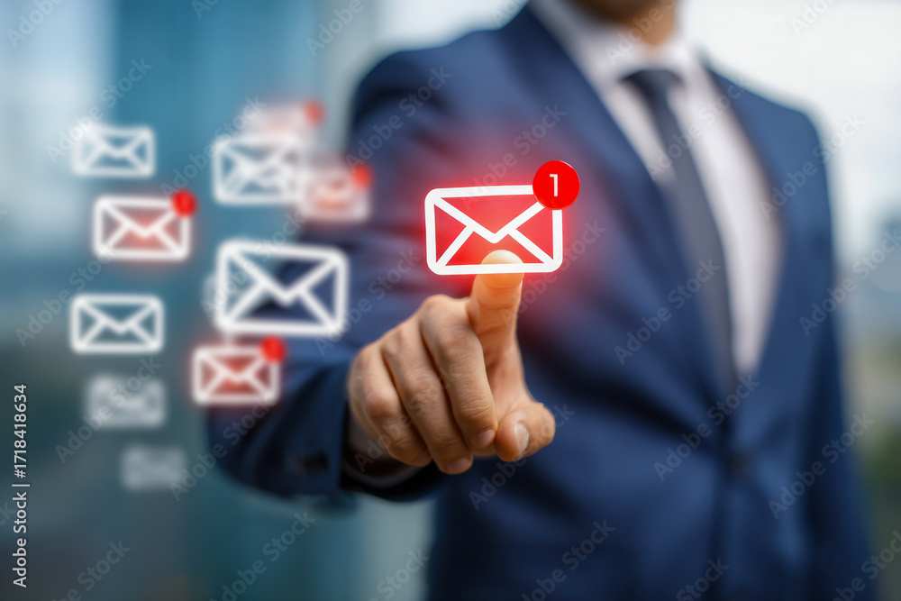 Poster businessman in suit interacting with futuristic digital email notification icons representing new me