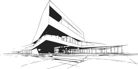 Fototapeta premium Modern building sketch, hand drawn vector, angular architecture with large glass windows — stock vector