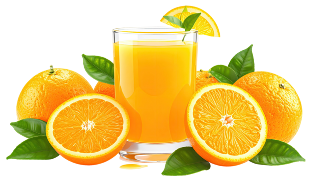Fresh orange juice in a glass, surrounded by whole and sliced oranges and leaves