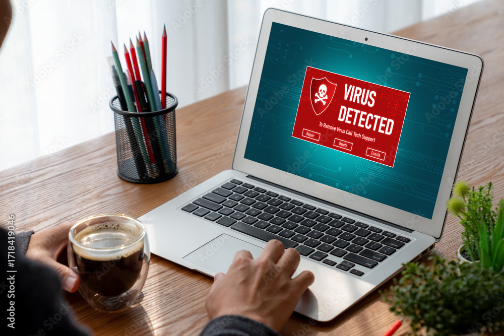 Poster Virus warning alert on computer screen detected modish cyber threat , hacker, computer virus and malware