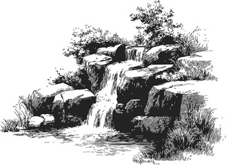 Waterfall sketch hand drawn with rocks, flowing water, and foliage &mdash; stock vector