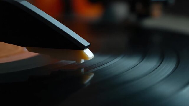 Close-up of record player needle tracking vinyl grooves during playback. Analog sound detail capturing retro music atmosphere. Vertical . High quality 4k footage