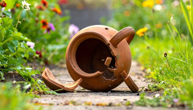 Broken terracotta pot in garden