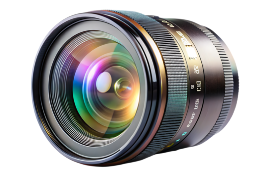 Close-up of a camera lens with colorful light reflections on glass and textured barrel cutout png isolated on a transparent background