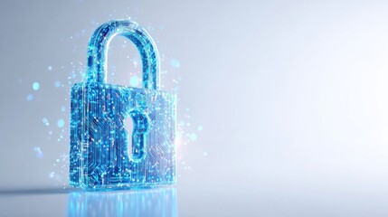 Digital hologram of a blue padlock with glowing effects on a light background.