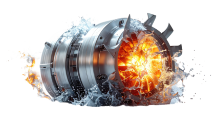 Metallic engine, exploding in flames and water